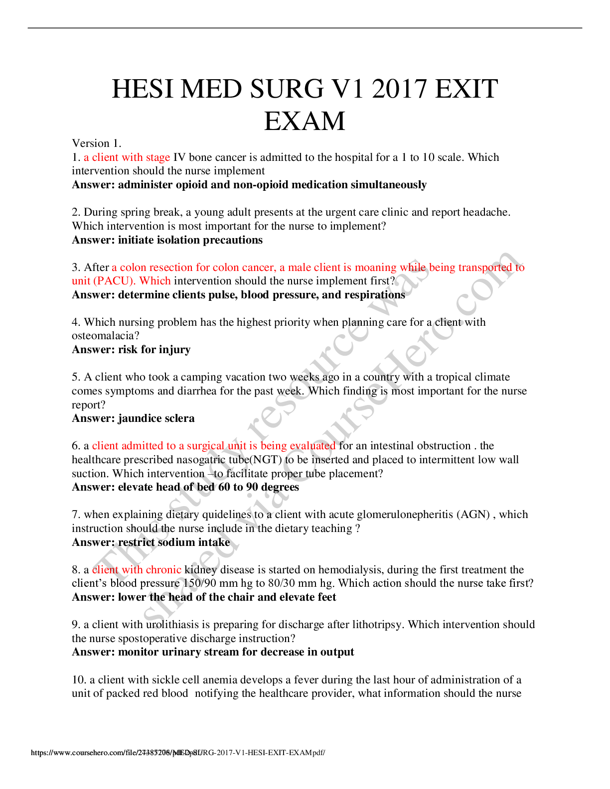 Preview image for HESI MED SURG V1 2017 EXIT EXAM (Updated 2021)
